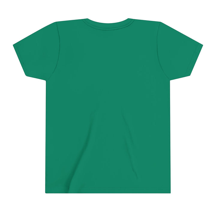 Sea Dragon Dreams youth short sleeve crew neck t-shirt in solid green, back view, made of soft ring-spun cotton.