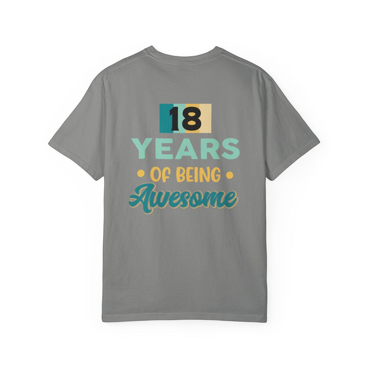 Sea Dragon Dreams grey 18th birthday unisex t-shirt with 18 Years of Being Awesome graphic print on the back