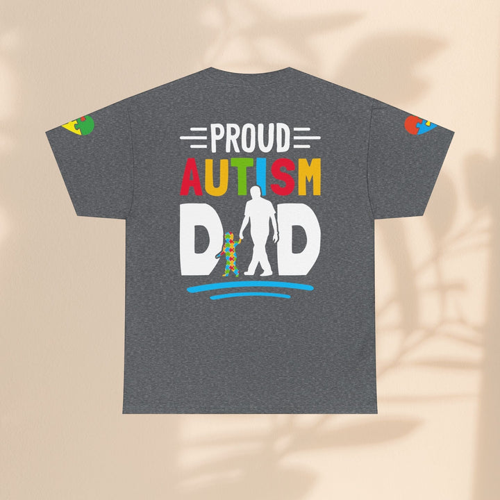 Sea Dragon Dreams grey heavy cotton t-shirt featuring a colorful Proud Autism Dad graphic on the back.