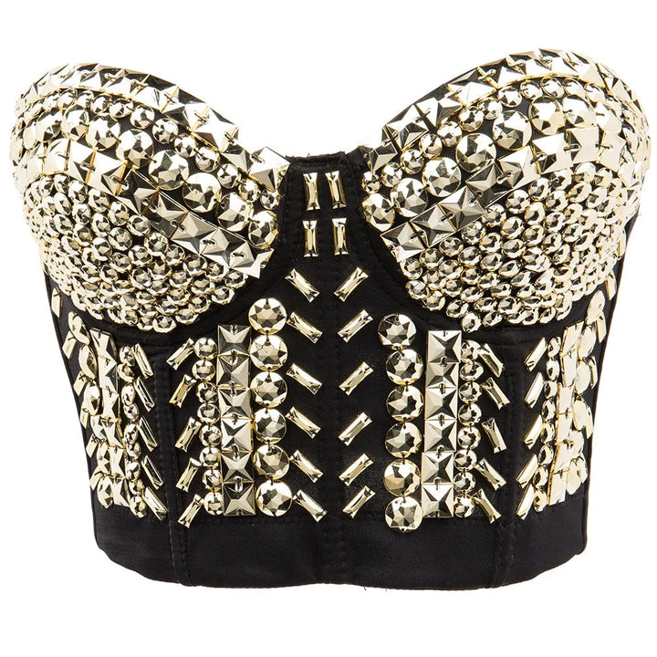 Sea Dragon Dreams grey bralette featuring intricate gold-tone gemstone and bead embellishments in a push-up style.