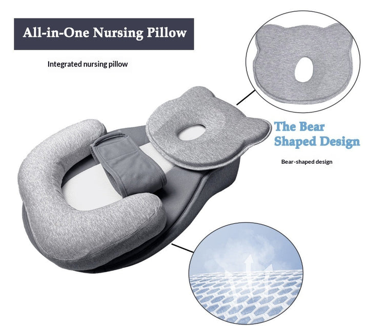 Sea Dragon Dreams grey bear-shaped inclined nursing pillow with integrated head support for comfortable baby feeding