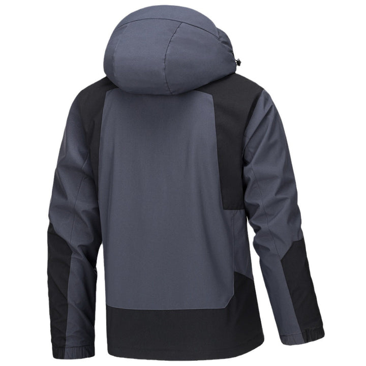 Sea Dragon Dreams men's lightweight waterproof shell jacket in gray and black with a hood and collage stitching.