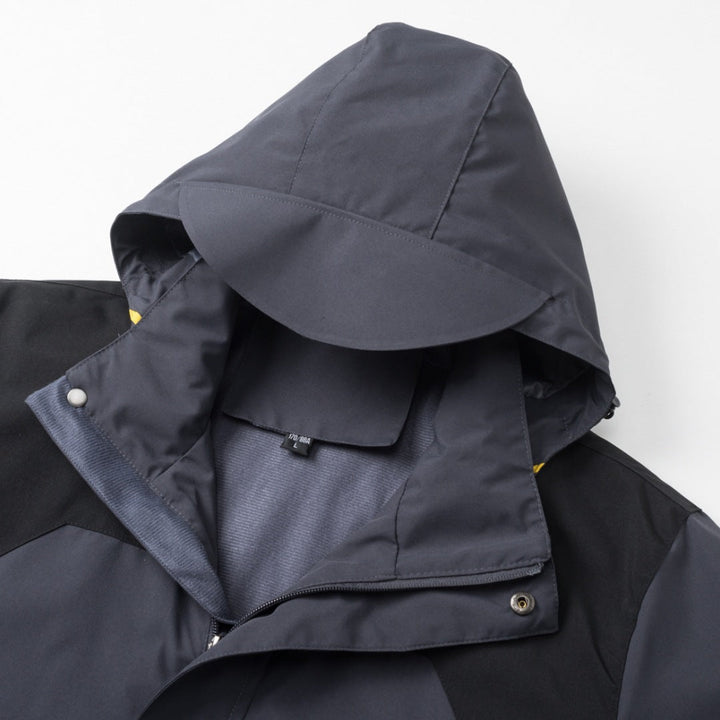 Sea Dragon Dreams men's gray and black lightweight waterproof hooded shell jacket with a protective brimmed hood