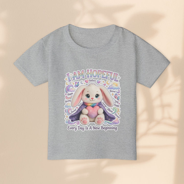 Sea Dragon Dreams grey cotton toddler t-shirt with a cute bunny graphic and I Am Hopeful affirmation text.