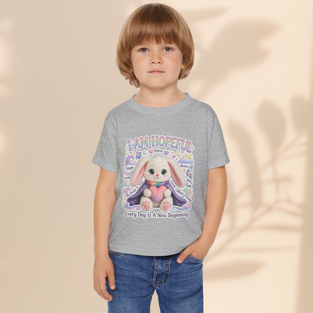 Sea Dragon Dreams toddler t-shirt in grey cotton featuring a cute bunny graphic with the text I Am Hopeful.