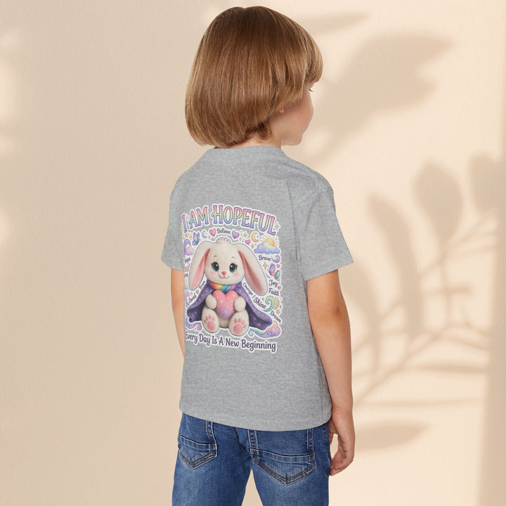 Sea Dragon Dreams toddler t-shirt in grey cotton, featuring a cute bunny graphic with I Am Hopeful text on the back.