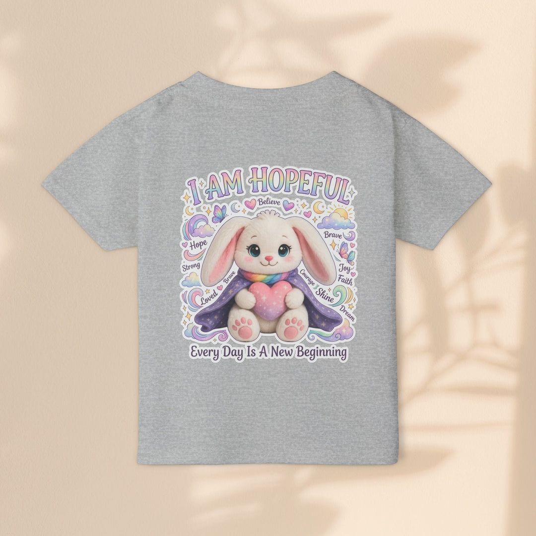 Sea Dragon Dreams grey toddler t-shirt with an adorable bunny graphic, heart, and I Am Hopeful affirmation text.