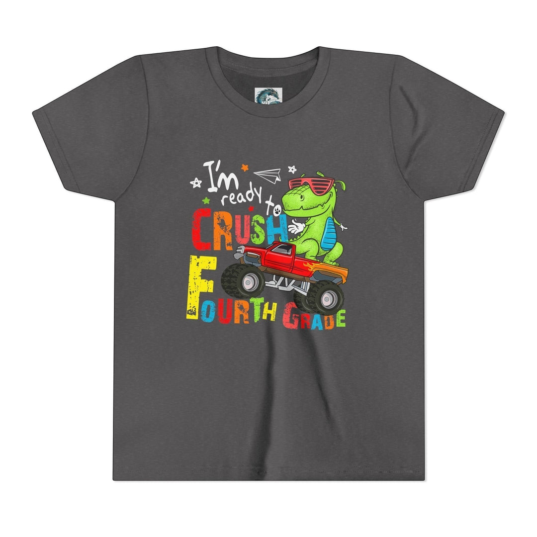 Sea Dragon Dreams grey youth t-shirt featuring a T-Rex dinosaur driving a monster truck for fourth grade students.