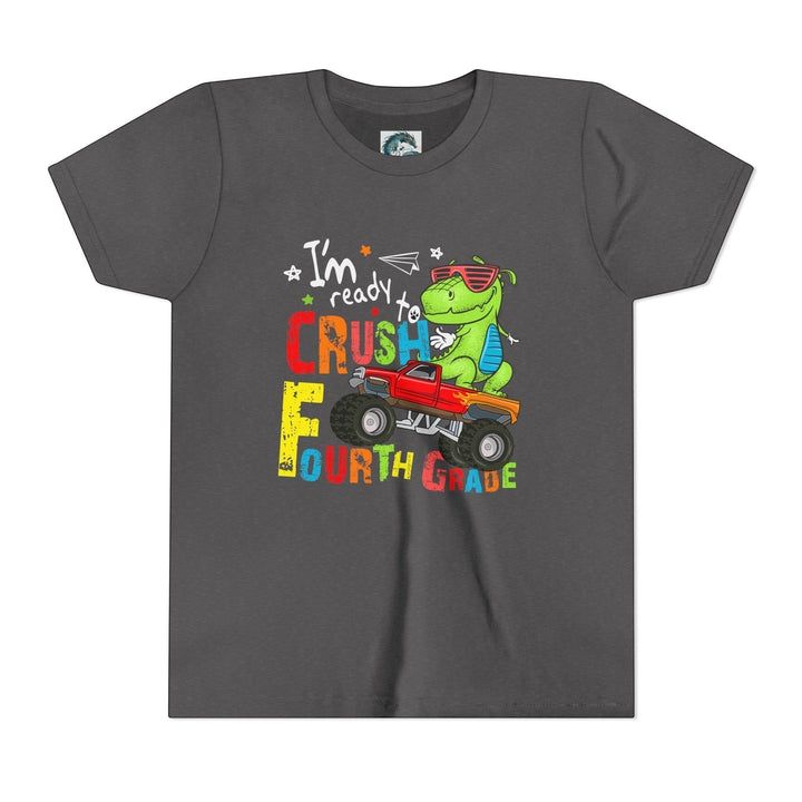 Sea Dragon Dreams grey youth t-shirt featuring a T-Rex dinosaur driving a monster truck for fourth grade students.