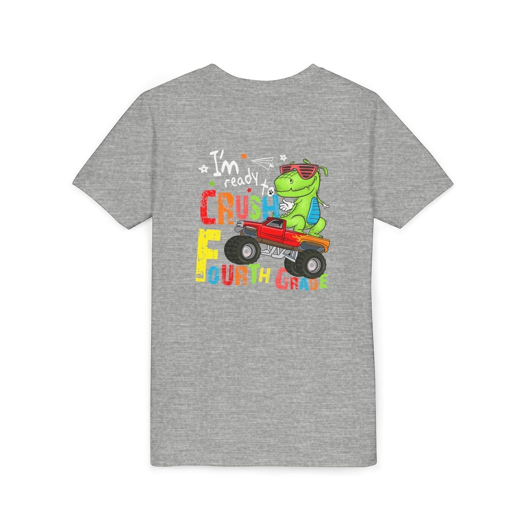 Sea Dragon Dreams grey youth t-shirt featuring a cartoon dinosaur driving a red monster truck with Fourth Grade text.