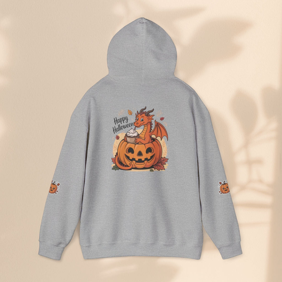 Sea Dragon Dreams grey cotton-blend hoodie featuring a playful dragon in a pumpkin graphic on the back