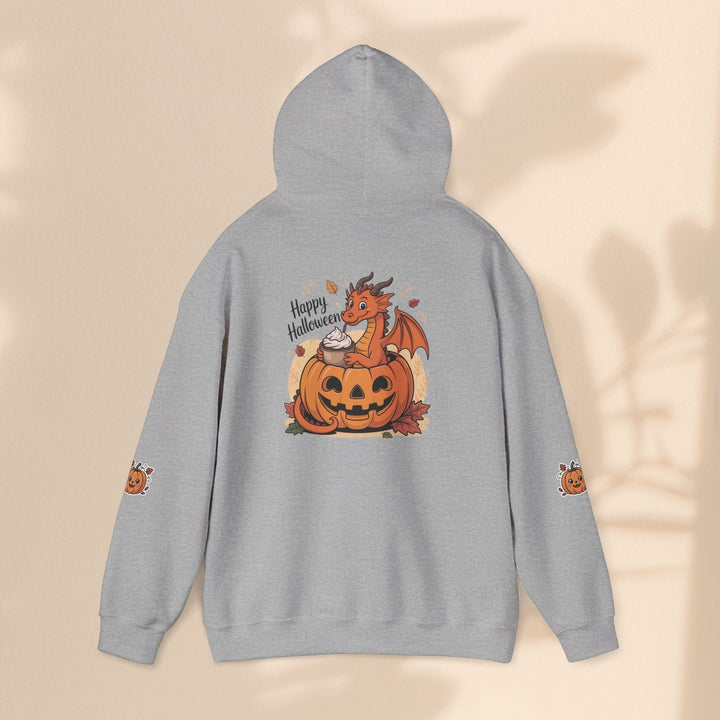 Sea Dragon Dreams grey cotton-blend hoodie featuring a playful dragon in a pumpkin graphic on the back