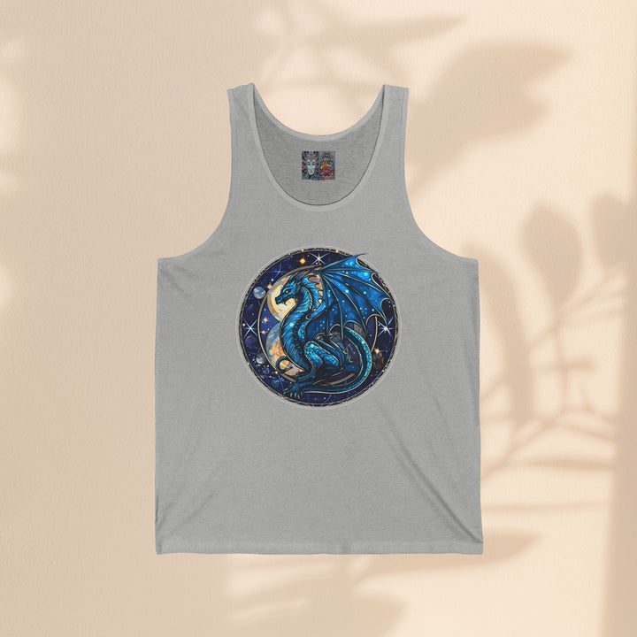 Sea Dragon Dreams unisex grey jersey tank top featuring a circular blue dragon graphic print on a neutral background.