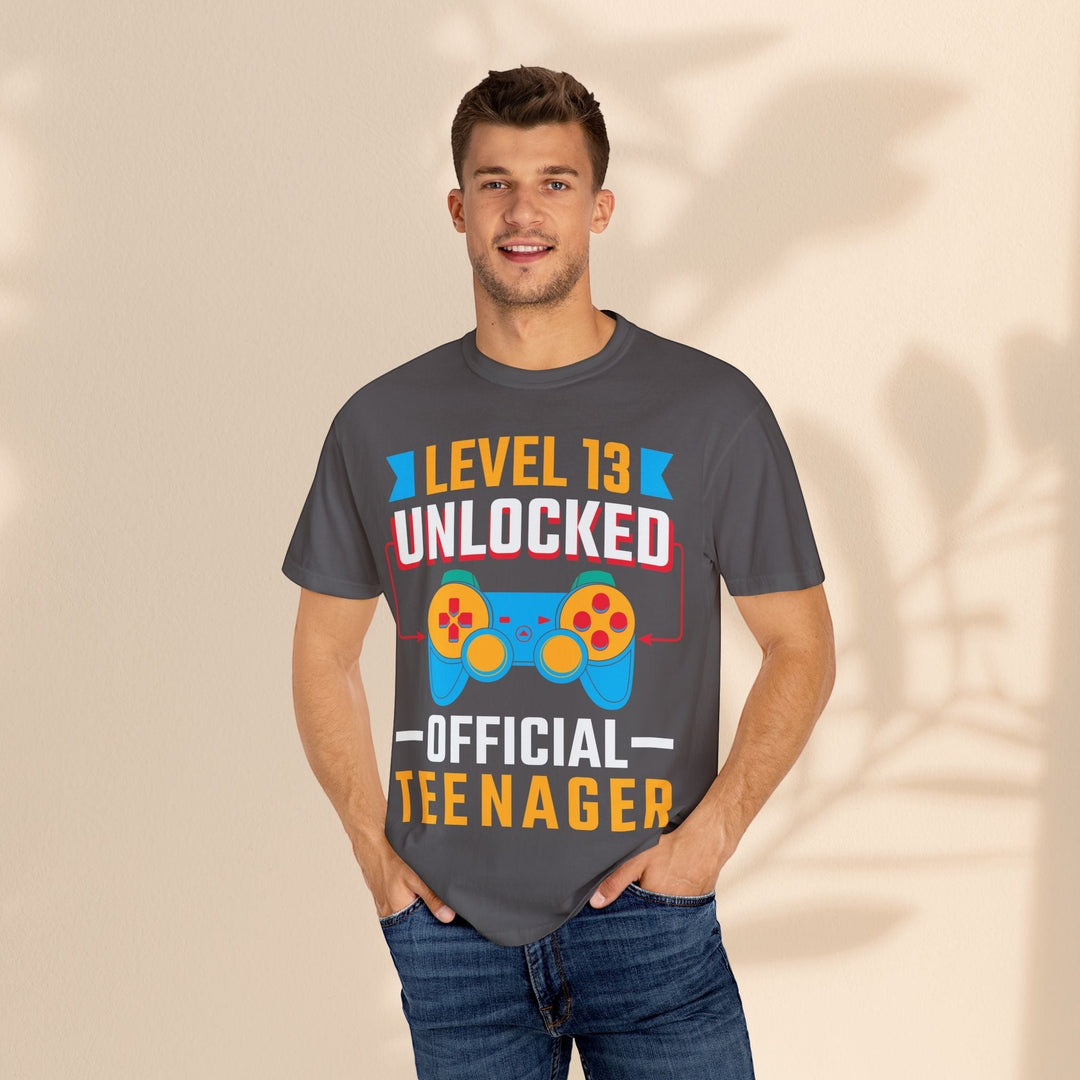 Sea Dragon Dreams unisex grey cotton t-shirt featuring a Level 13 Unlocked Official Teenager gamer graphic print.