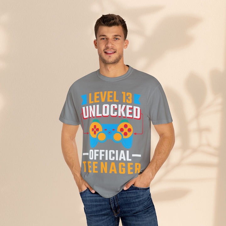 Sea Dragon Dreams grey unisex gamer t-shirt with Level 13 Unlocked Official Teenager graphic and game controller print.