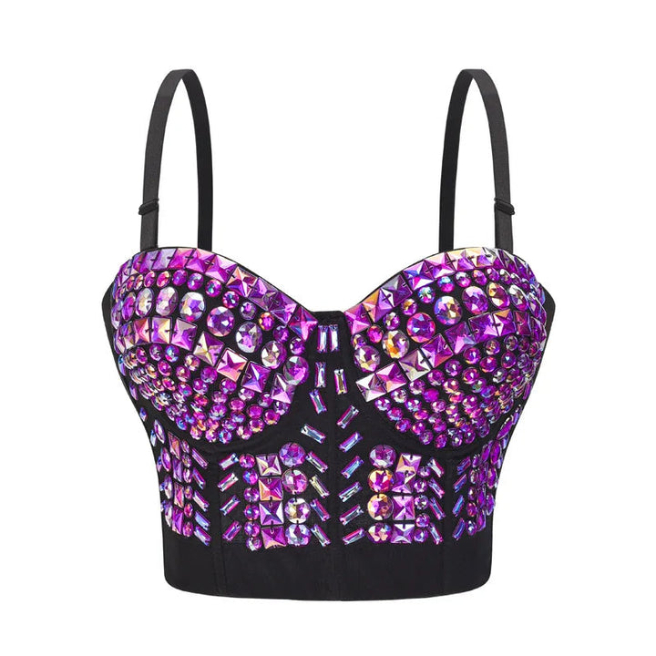 Sea Dragon Dreams grey bralette featuring sparkling purple and iridescent gemstone embellishments on a push-up top.