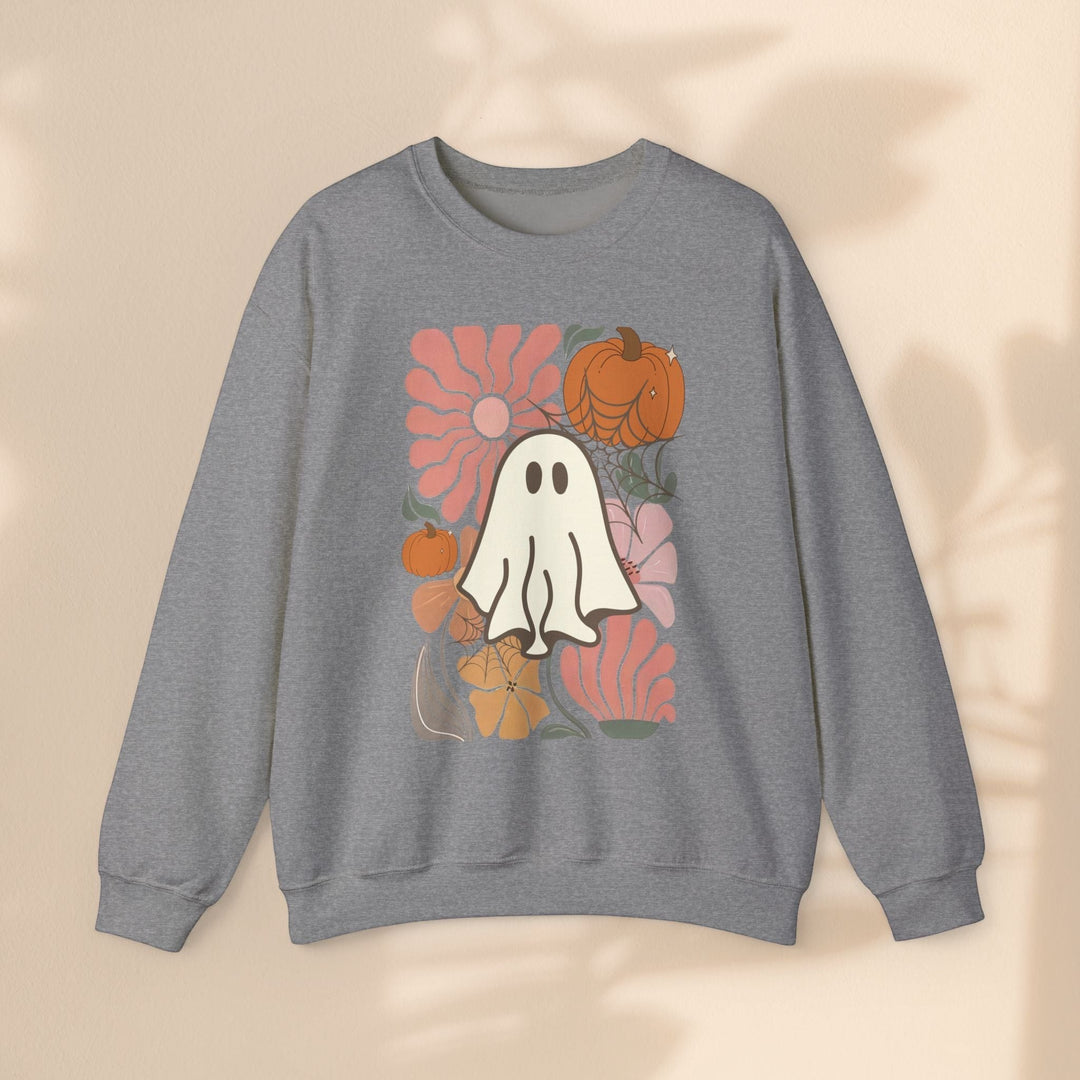 Sea Dragon Dreams grey crewneck sweatshirt with a ghost, pumpkin, and floral graphic print for a cozy autumn style.