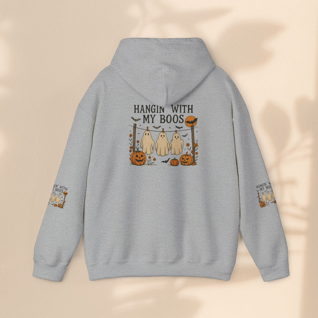 Sea Dragon Dreams grey Halloween hoodie with a ghost and pumpkin graphic on the back and sleeves.