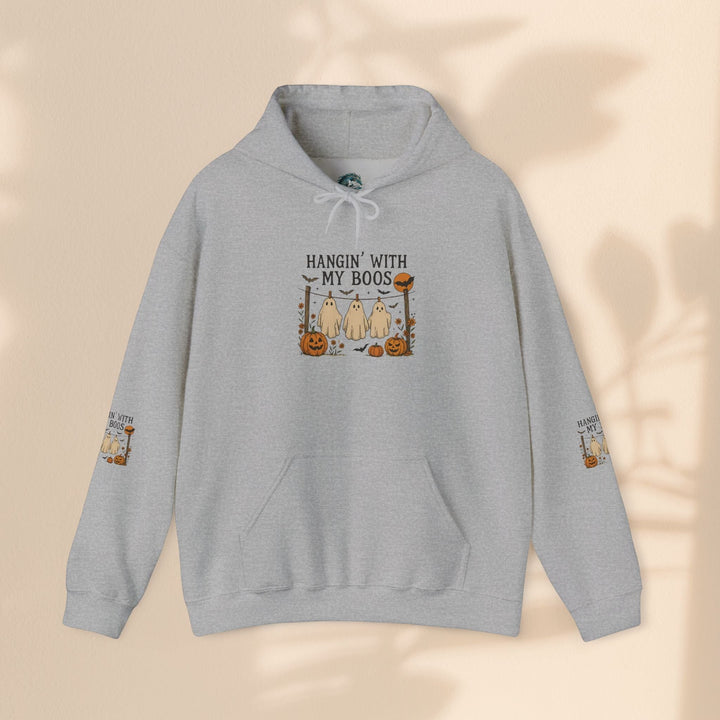 Sea Dragon Dreams grey Halloween hoodie with Hanging With My Boos ghost and pumpkin graphic on chest and sleeves.
