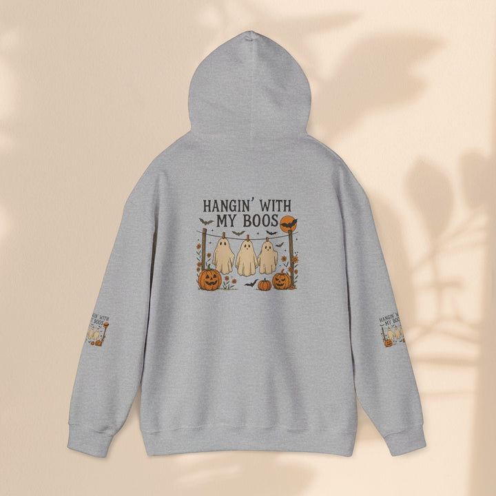 Sea Dragon Dreams grey Halloween hoodie with Hanging With My Boos ghost and pumpkin graphic on back and sleeves