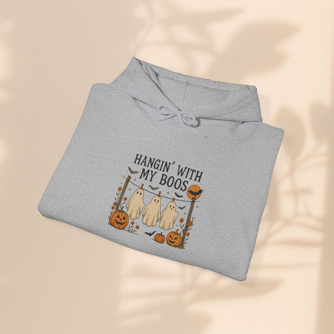 Sea Dragon Dreams grey hooded sweatshirt featuring a Hanging With My Boos ghost and pumpkin Halloween graphic print.