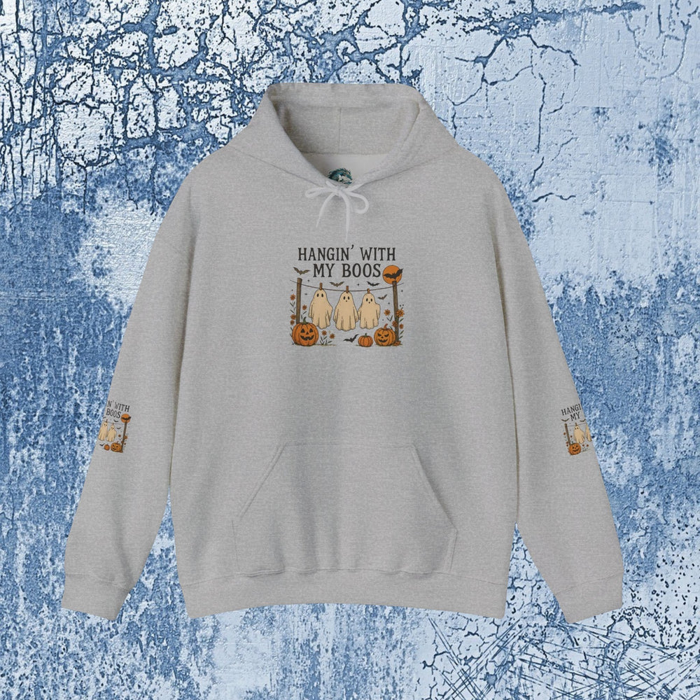 Sea Dragon Dreams grey Halloween hoodie with Hanging With My Boos ghost and pumpkin graphic on chest and sleeves.