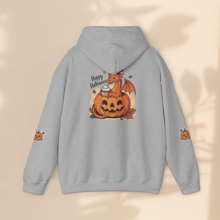 Sea Dragon Dreams grey hoodie featuring a cute dragon in a pumpkin with Happy Halloween text on the back