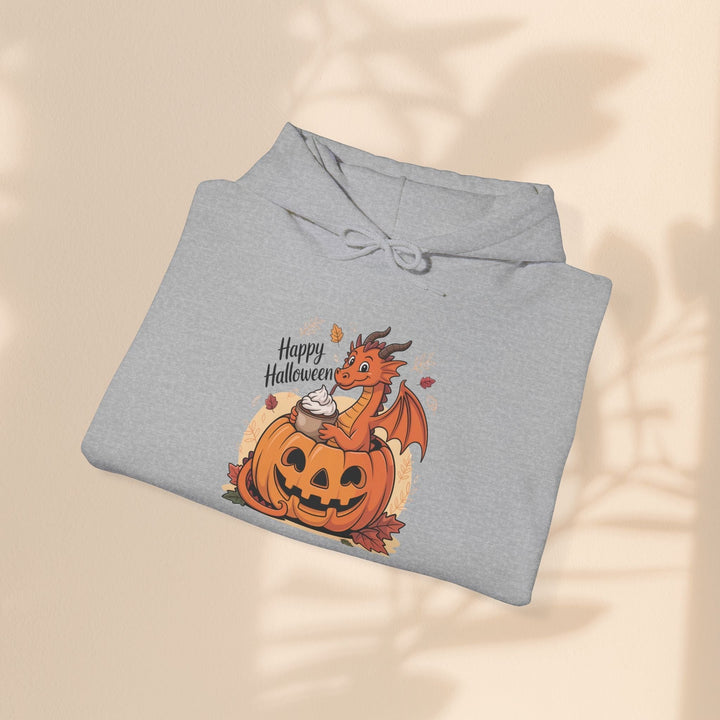 Sea Dragon Dreams grey cotton-blend hoodie featuring a cute dragon sitting in a pumpkin with a drink