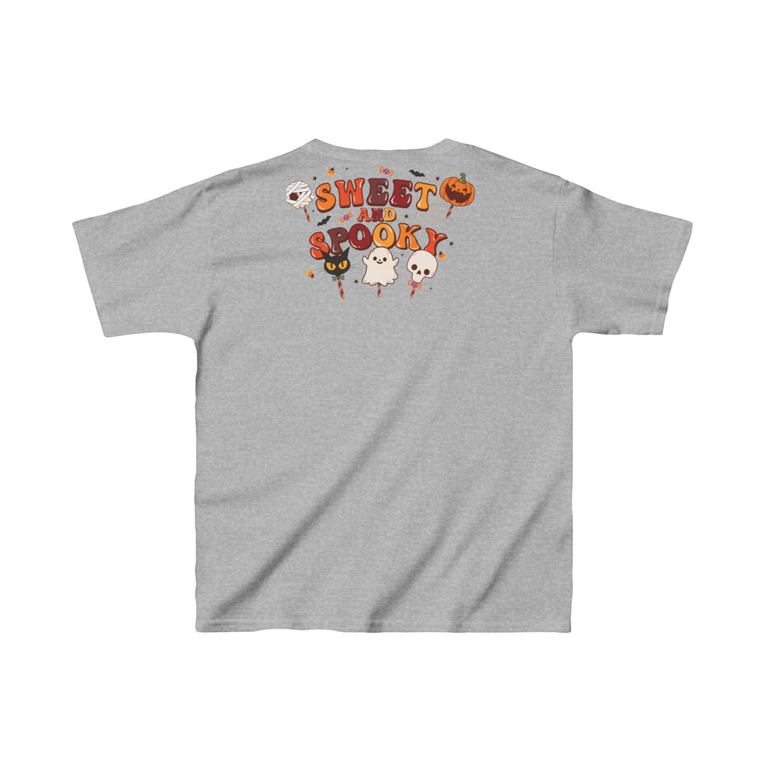 Sea Dragon Dreams grey kids t-shirt with Sweet and Spooky Halloween graphic featuring ghosts and pumpkins on the back