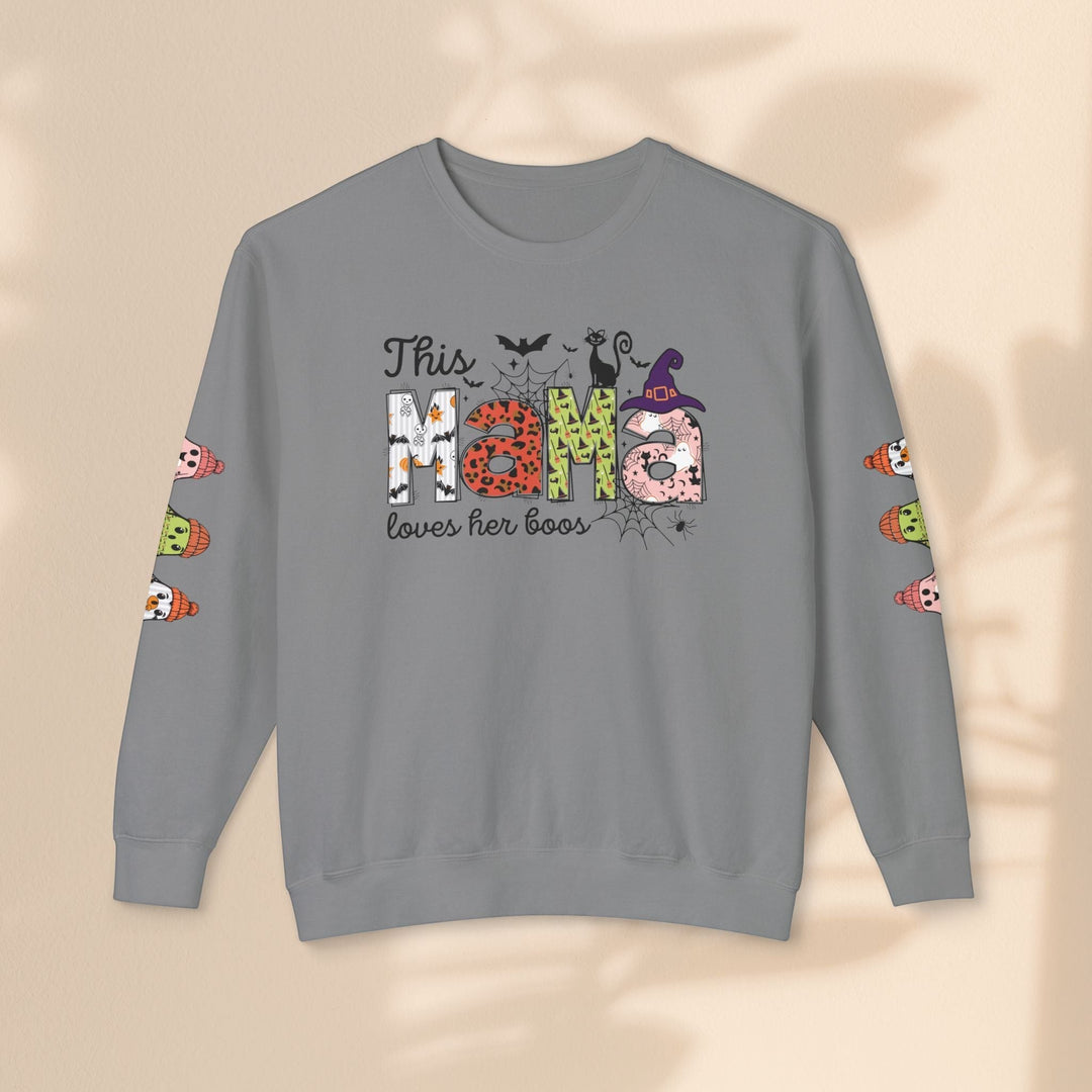 Sea Dragon Dreams grey crewneck sweatshirt with This Mama Loves Her Boos Halloween print and ghost sleeve details.