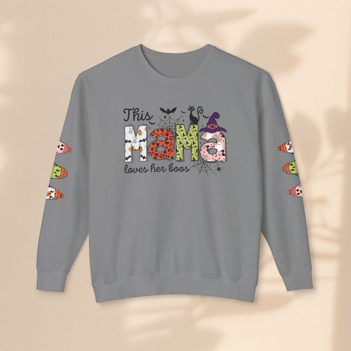 Sea Dragon Dreams grey crewneck sweatshirt with This Mama Loves Her Boos Halloween print and ghost sleeve details.