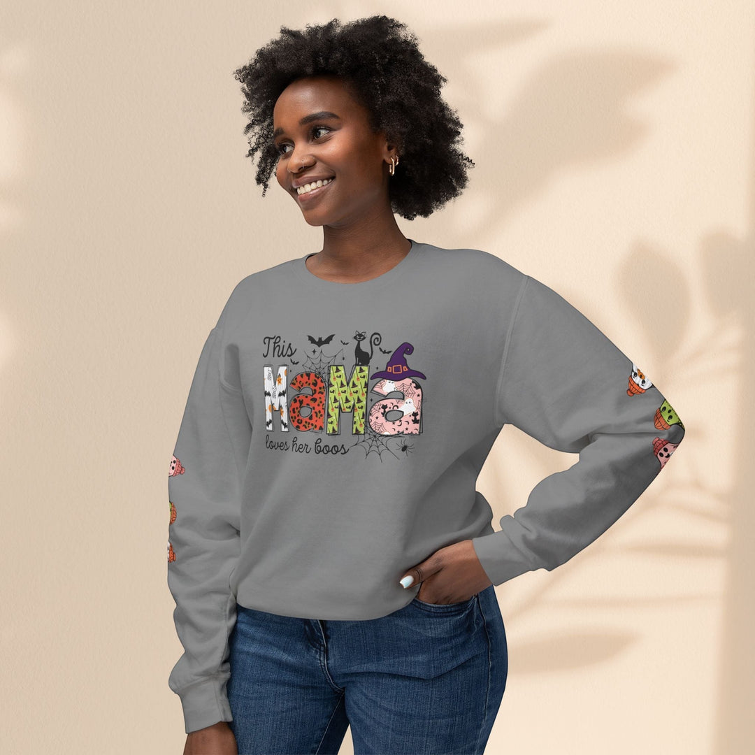 Sea Dragon Dreams grey crewneck sweatshirt with This Mama Loves Her Boos Halloween print and ghost sleeve details.