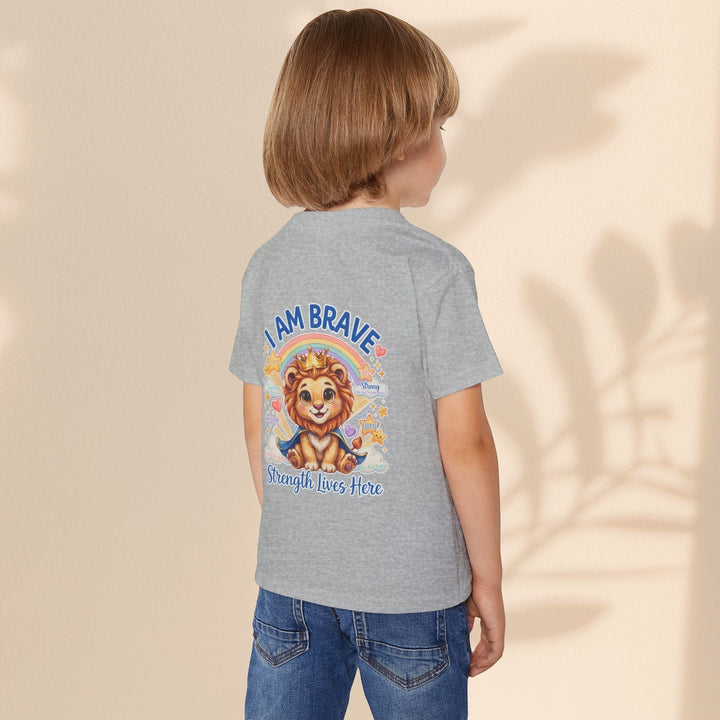 Sea Dragon Dreams toddler t-shirt in grey cotton featuring a Leo Lion graphic with the text I Am Brave