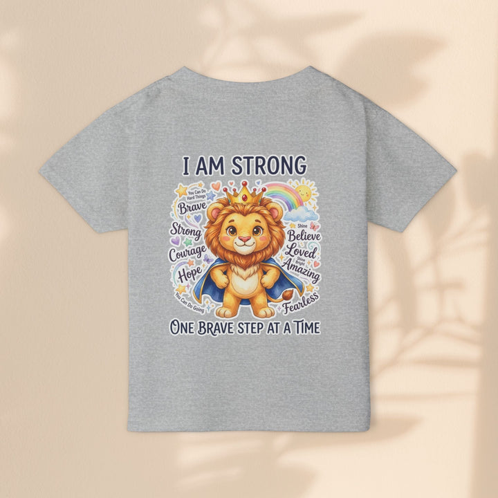 Sea Dragon Dreams toddler t-shirt in sport grey cotton with a courageous lion graphic and I Am Strong affirmation.