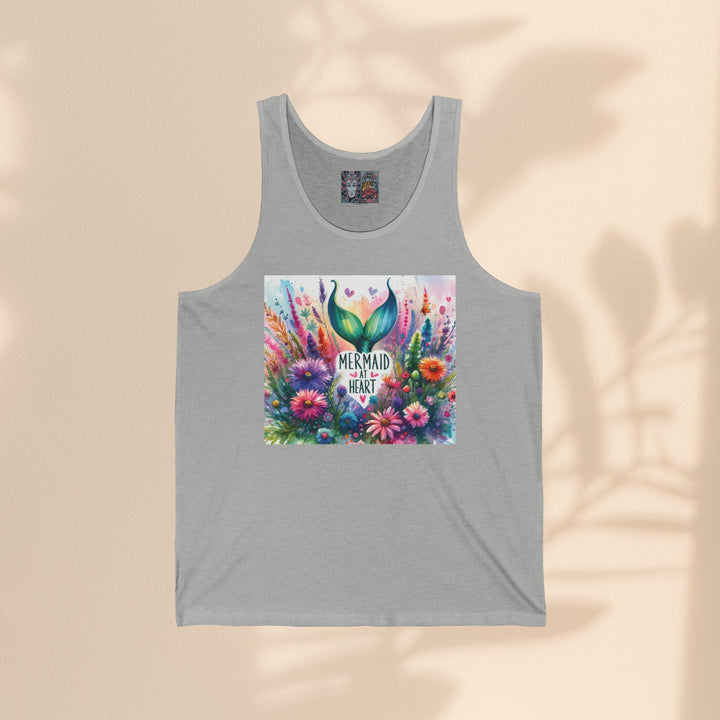 Sea Dragon Dreams grey unisex jersey tank top featuring a colourful floral mermaid tail graphic and Mermaid At Heart text