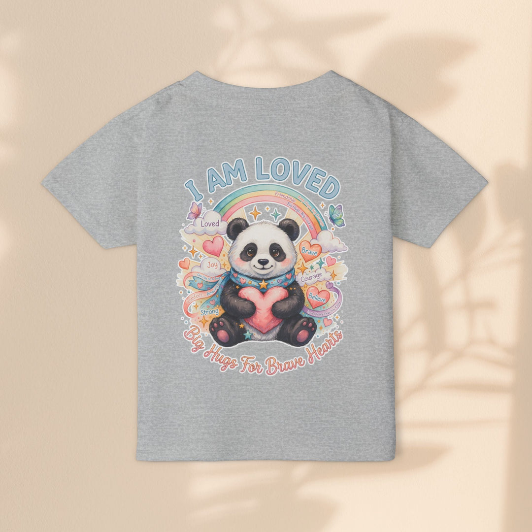 Sea Dragon Dreams toddler t-shirt in grey cotton featuring a Huggie Panda graphic with a rainbow and heart design.