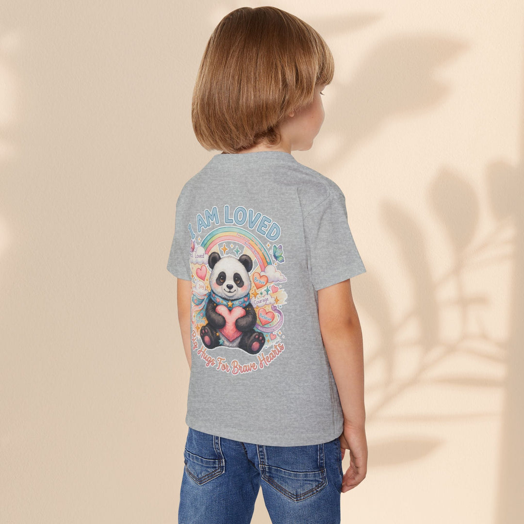 Sea Dragon Dreams toddler t-shirt in grey cotton featuring a Huggie Panda graphic with a rainbow and I Am Loved text.
