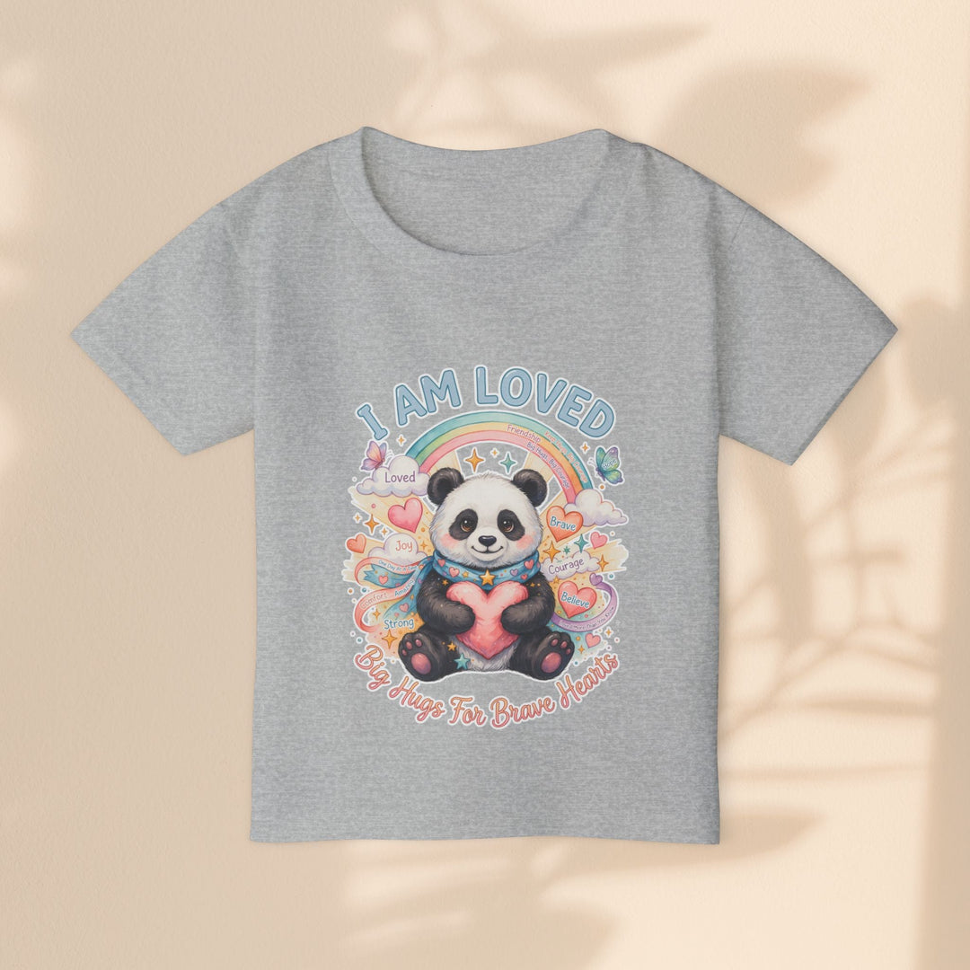 Sea Dragon Dreams grey cotton toddler t-shirt featuring a Huggie Panda graphic with a rainbow and I Am Loved text.