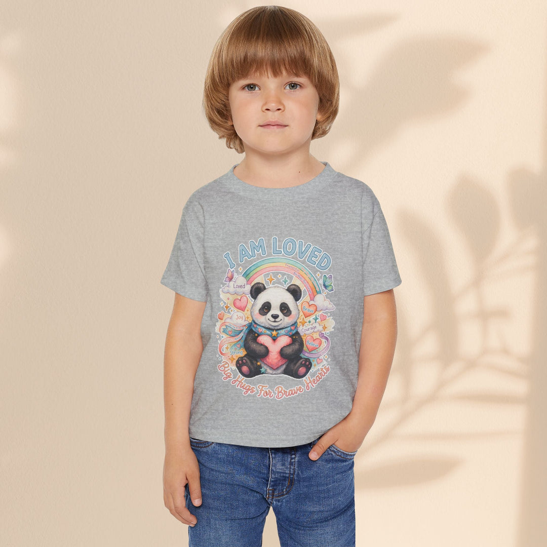 Sea Dragon Dreams toddler t-shirt in grey cotton featuring a Huggie Panda graphic with a rainbow and heart design.