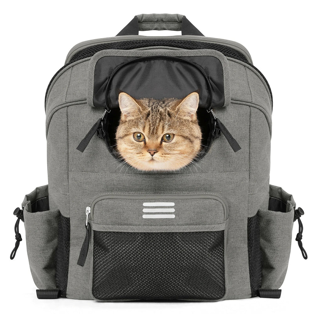 Sea Dragon Dreams grey pet carrier backpack with a cat peeking out, featuring waterproof fabric and mesh ventilation.