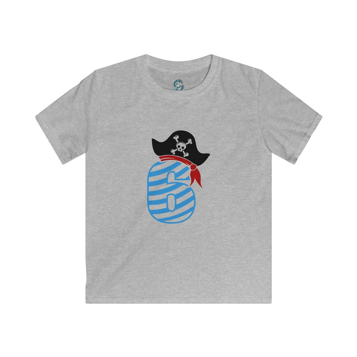 Sea Dragon Dreams grey kids t-shirt with a pirate-themed number 6 graphic featuring a skull hat and red bandana.