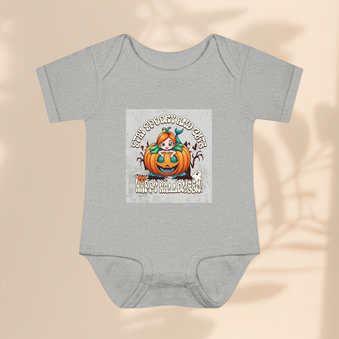 Sea Dragon Dreams grey infant bodysuit featuring a Stay Spooky and Cute pumpkin Halloween graphic on soft cotton.