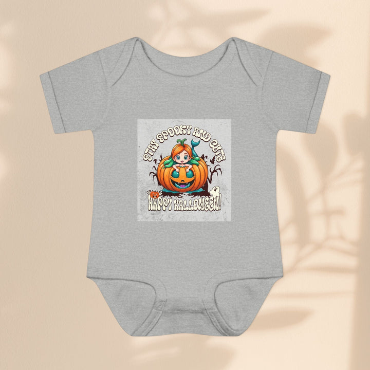 Sea Dragon Dreams grey infant bodysuit featuring a Stay Spooky and Cute pumpkin Halloween graphic on soft cotton.