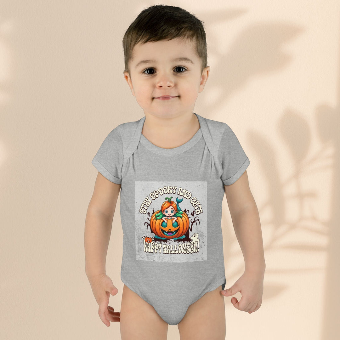 Sea Dragon Dreams infant bodysuit in grey cotton with a Stay Spooky and Cute pumpkin Halloween graphic print