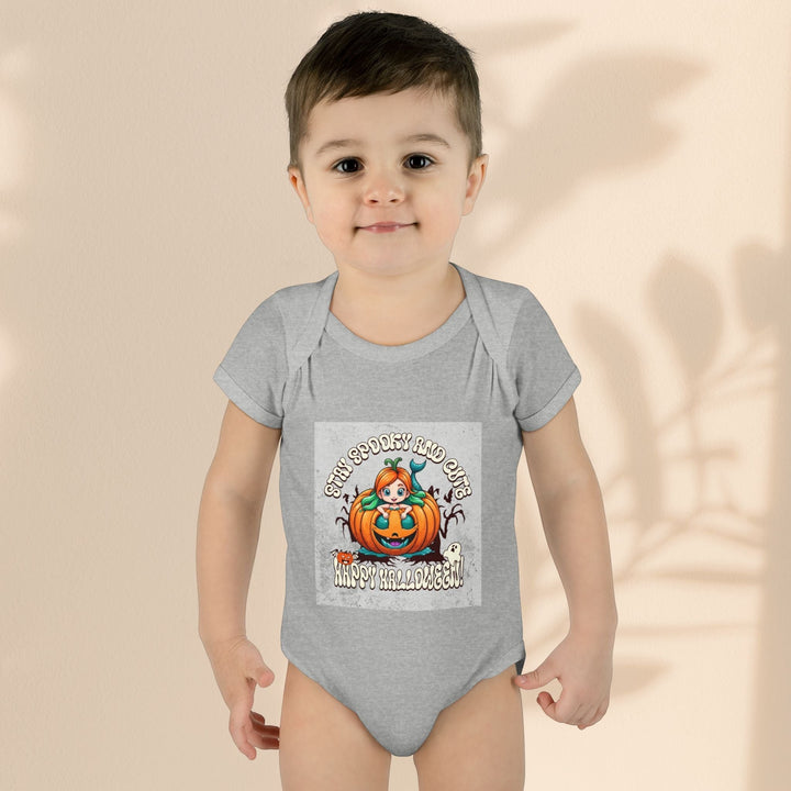 Sea Dragon Dreams infant bodysuit in grey cotton with a Stay Spooky and Cute pumpkin Halloween graphic print