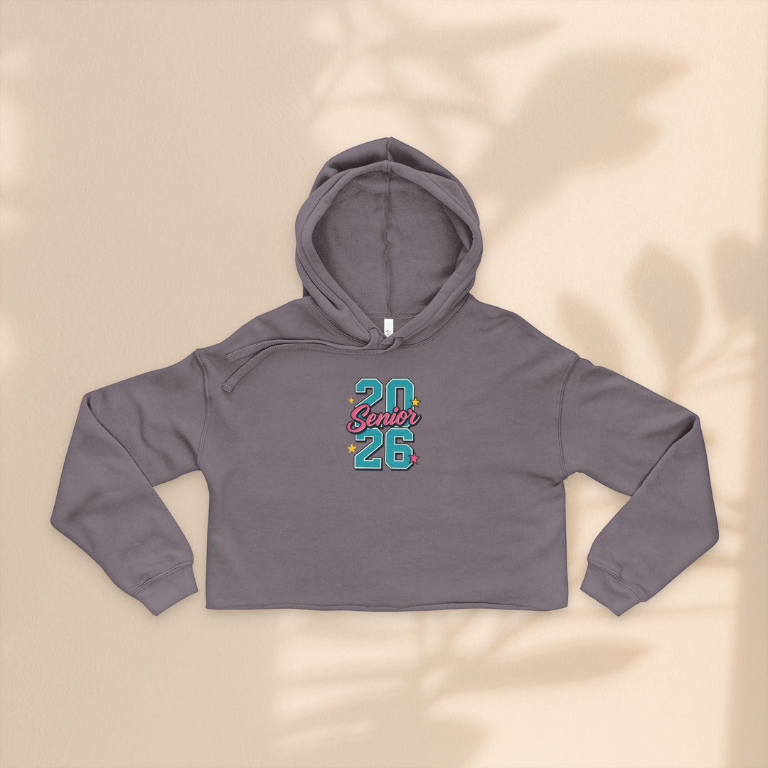 Sea Dragon Dreams grey cropped hoodie with Class of 2026 senior graphic, featuring dropped shoulders and raw hem.