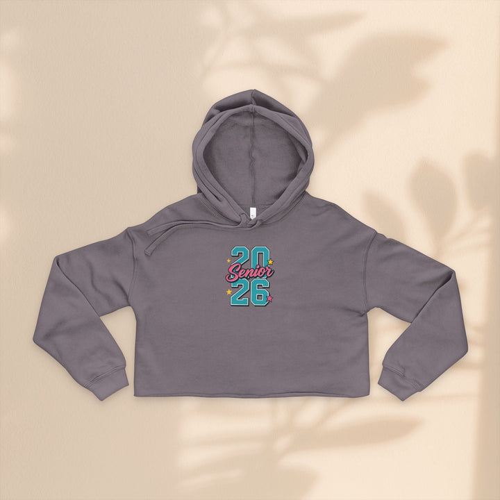 Sea Dragon Dreams grey cropped hoodie with Class of 2026 senior graphic, featuring dropped shoulders and raw hem.