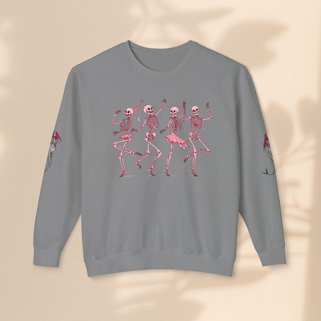 Sea Dragon Dreams grey crewneck sweatshirt featuring pink dancing skeletons graphic and mermaid sleeve details.