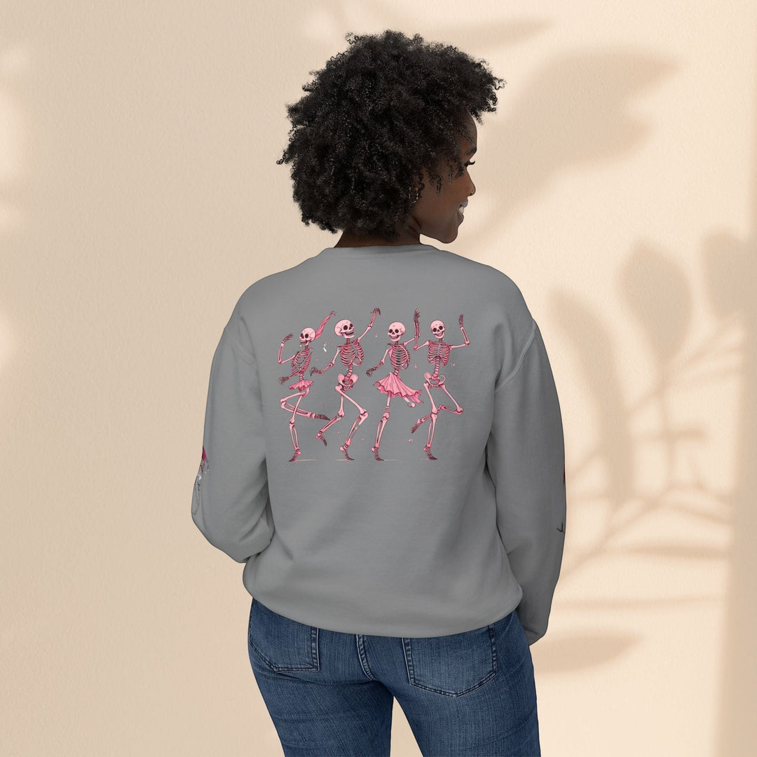 Sea Dragon Dreams grey crewneck sweatshirt featuring a back print of four dancing pink skeletons in a relaxed fit.