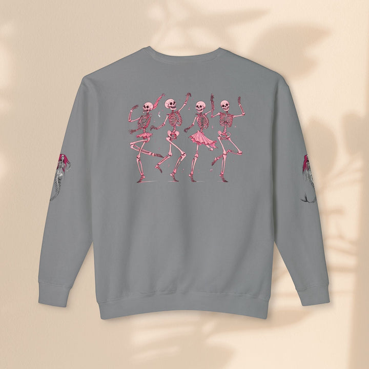 Sea Dragon Dreams grey crewneck sweatshirt featuring a back print of four pink dancing skeletons and mermaid sleeves